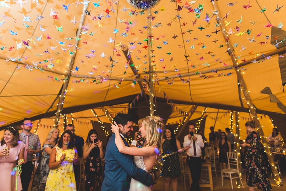 Tipi Origami Birds Cranes Decor Decoration Disco Ball Bedfordshire Farm Wedding Milkbottle Photography
