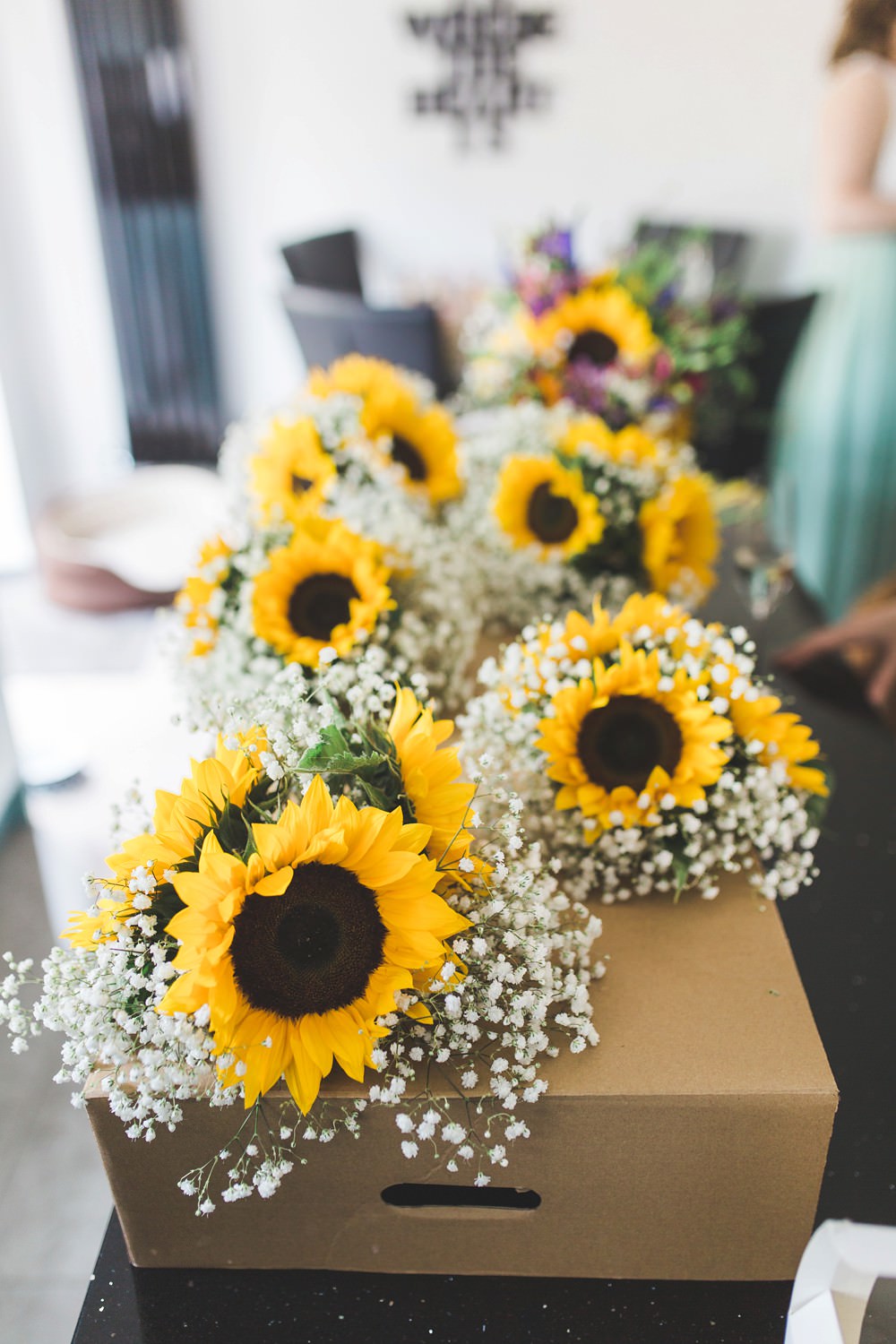 Bouquet Flowers Bride Bridal Sunflowers Yellow Ribbon Gyp Gypsophila Baby Breath Bridesmaids Bedfordshire Farm Wedding Milkbottle Photography