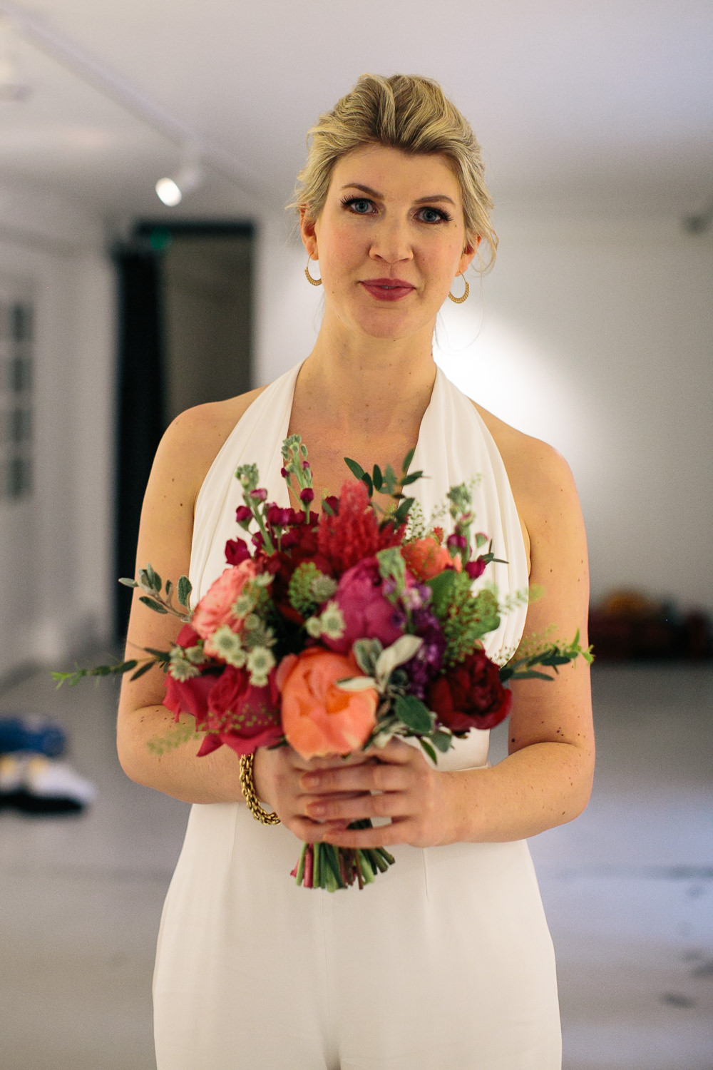 Bouquet Flowers Bride Bridal Pink Orange Peony Rose Coral Bridal Jumpsuit Wedding Emily Jarrett Photography