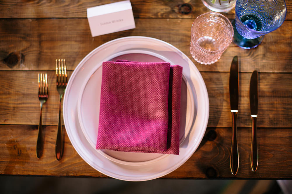 Place Setting Pink Napkin Bridal Jumpsuit Wedding Emily Jarrett Photography