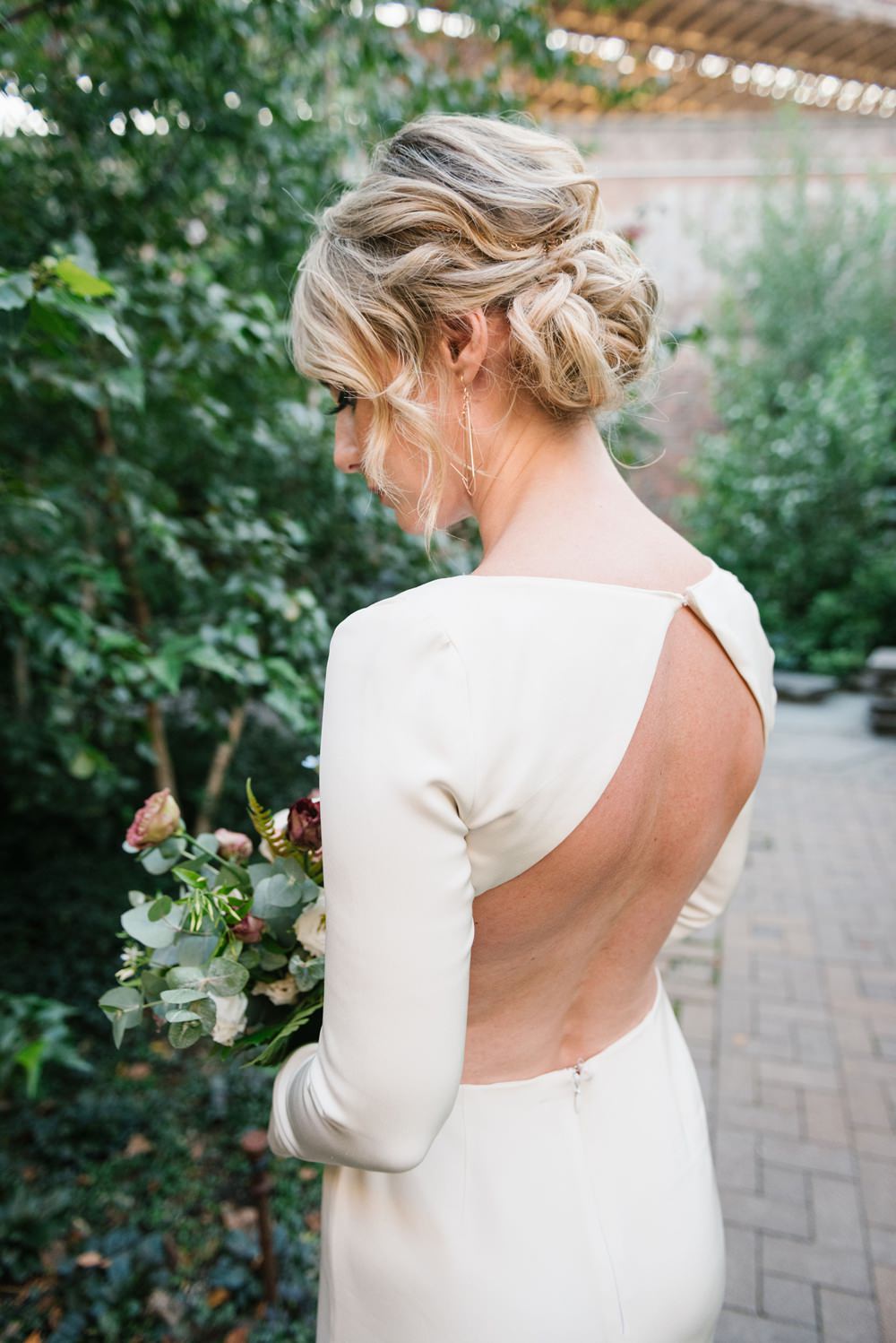 Hair Style Up Do Chignon Dress Gown Bride Bridal Backless Long Sleeves Brooklyn Elopement Everly Studios