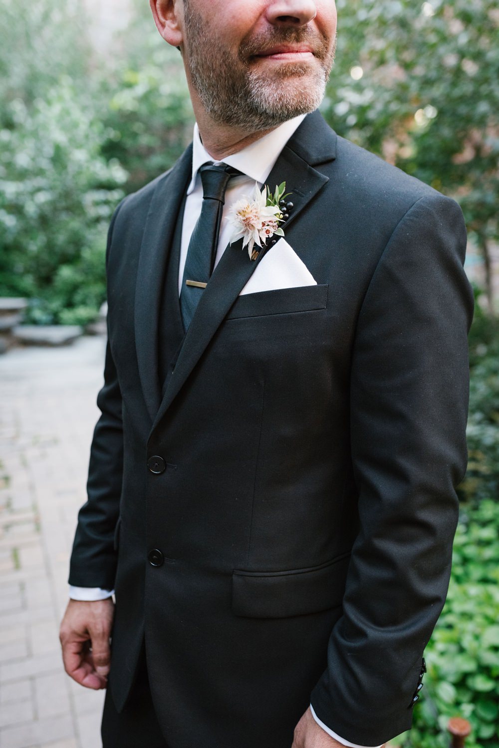 Groom Stui Black Tie Dahlia Buttonhole Brooklyn Elopement Everly Studios