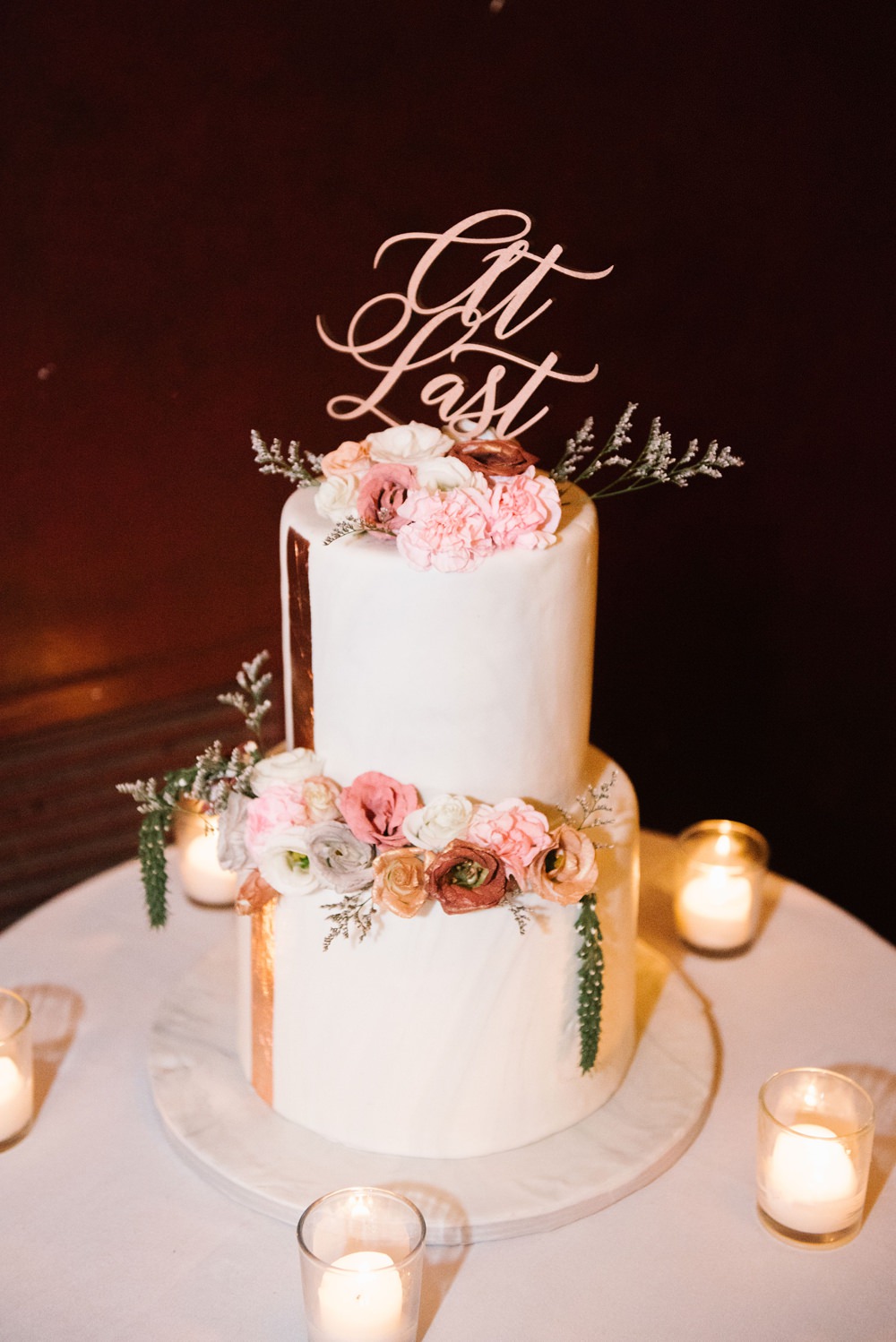 Buttercream Cake Copper Leaf Laser Cut Topper Flowers Candles Brooklyn Elopement Everly Studios