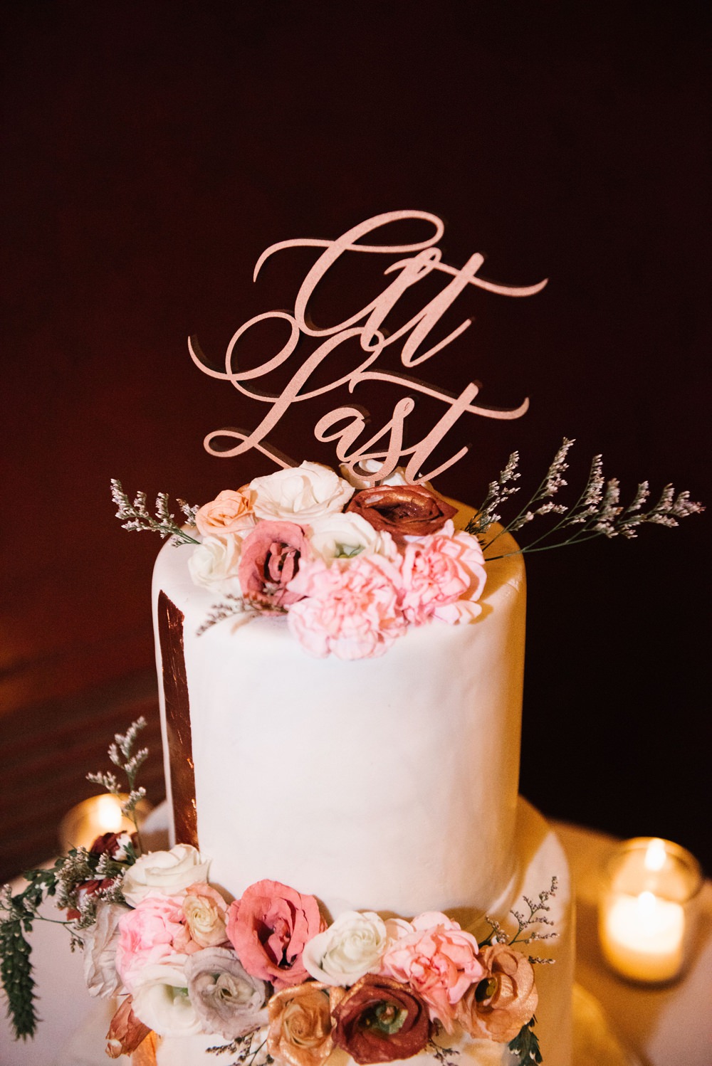 Buttercream Cake Copper Leaf Laser Cut Topper Flowers Candles Brooklyn Elopement Everly Studios