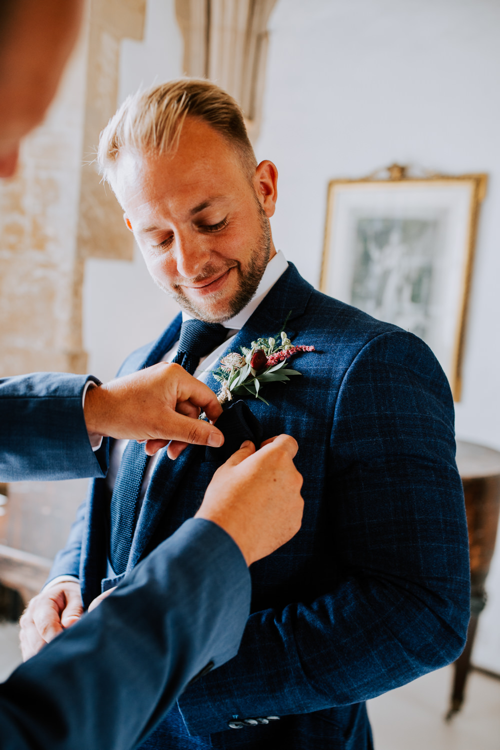 Groom Suit Blue Buttonhole Tie Butley Priory Wedding Sally Rawlins Photography