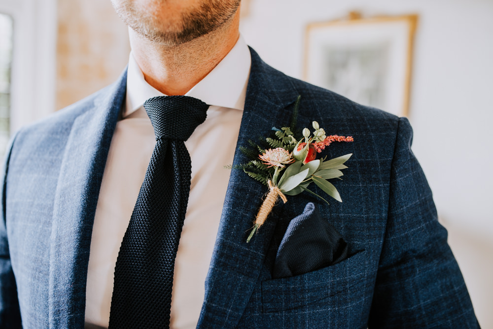 Groom Suit Blue Buttonhole Tie Butley Priory Wedding Sally Rawlins Photography