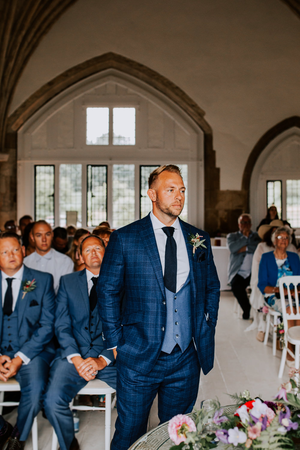 Groom Suit Blue Buttonhole Tie Waistcoat Butley Priory Wedding Sally Rawlins Photography
