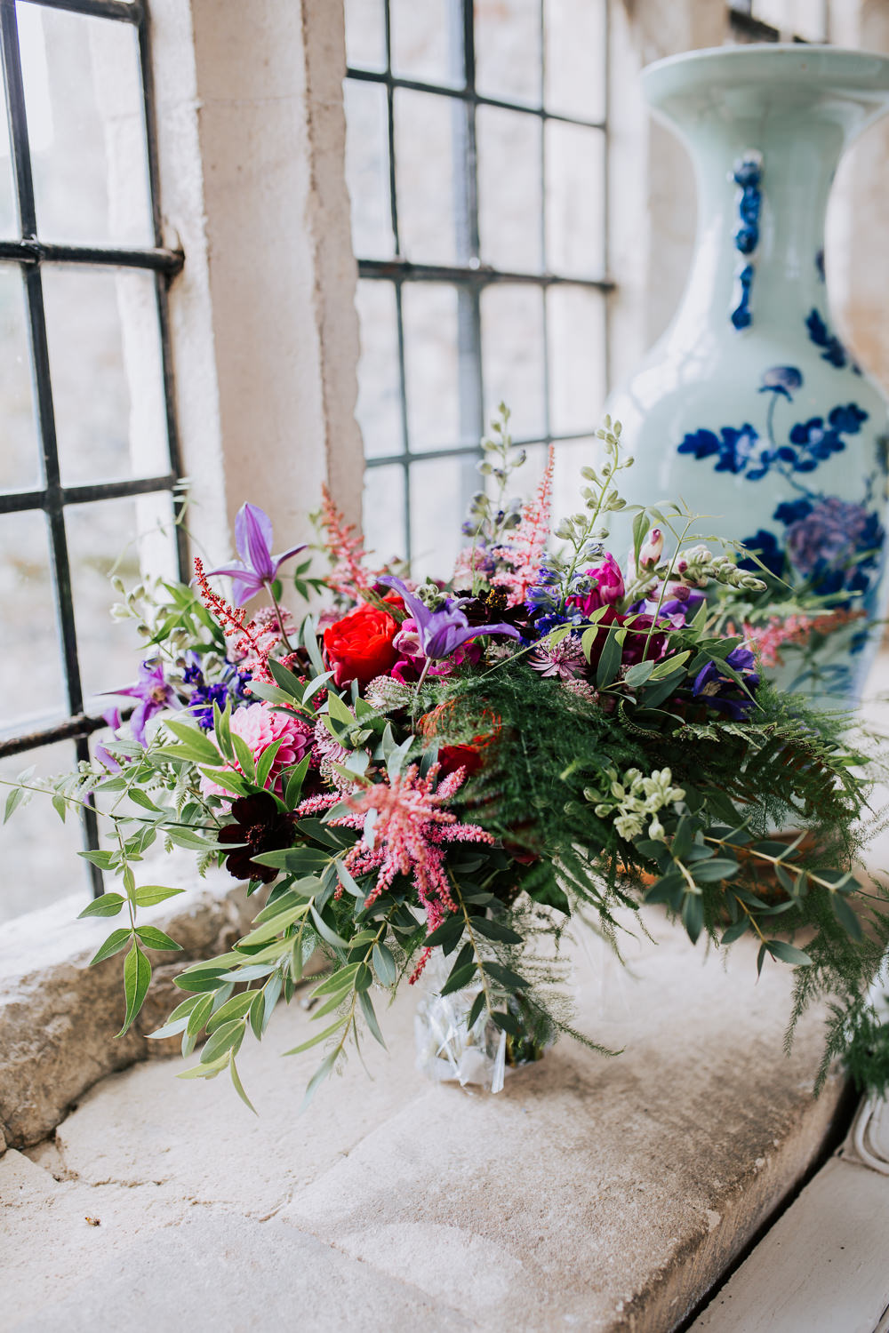 Bouquet Flowers Bride Bridal Pink Astilbe Dahlia Purple Greenery Foliage Clematis Rose Butley Priory Wedding Sally Rawlins Photography