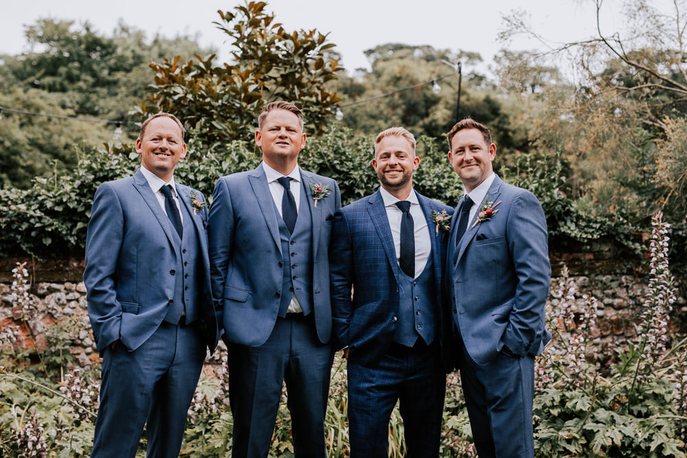 Groom Suit Blue Buttonhole Tie Waistcoat Groomsmen Butley Priory Wedding Sally Rawlins Photography