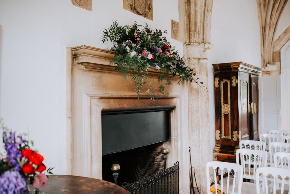 Fireplace Mantle Piece Flowers Butley Priory Wedding Sally Rawlins Photography