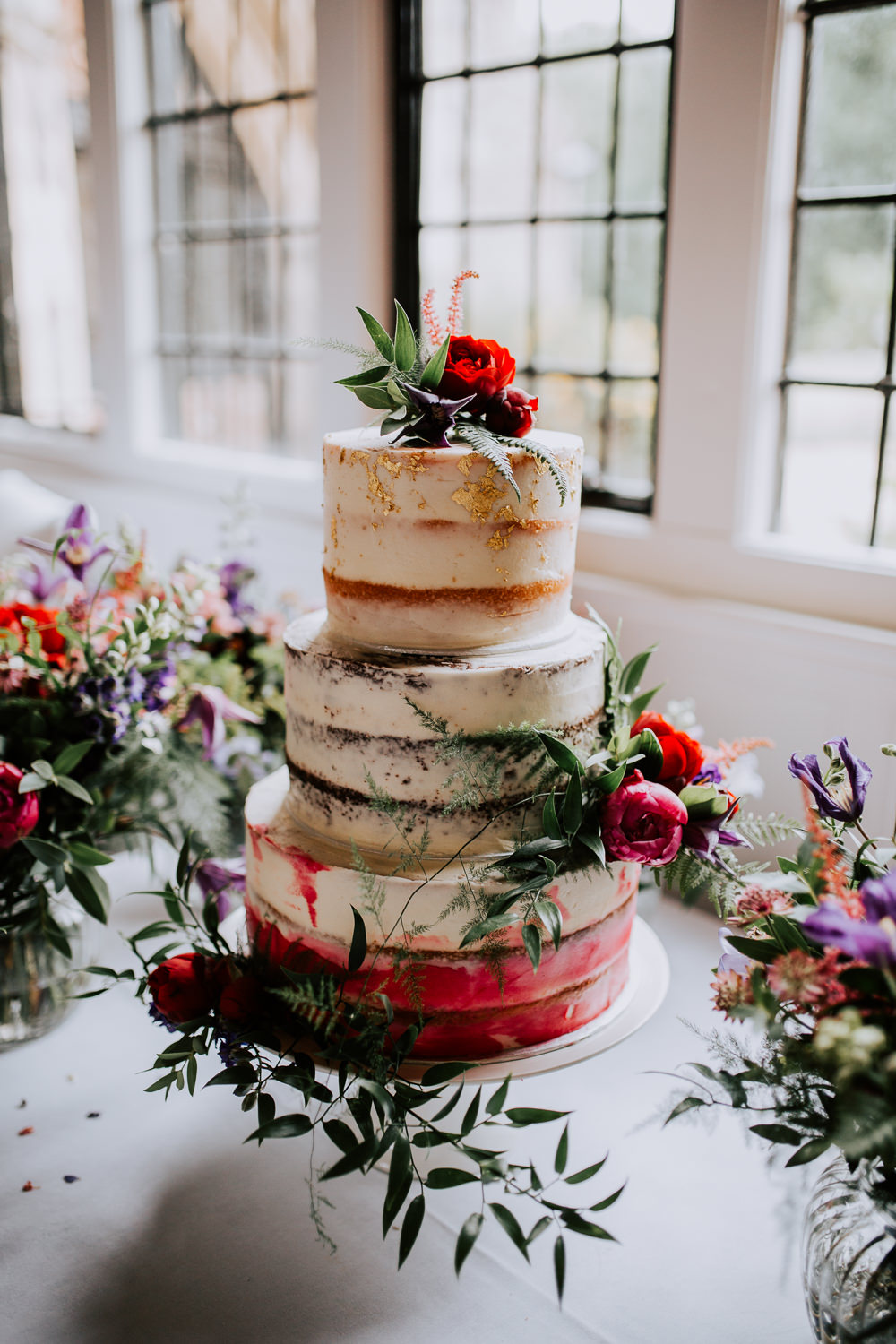 Semi Naked Cake Gold Leaf Flowers Floral Butley Priory Wedding Sally Rawlins Photography