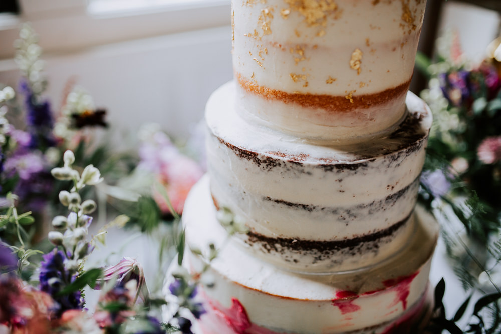 Semi Naked Cake Gold Leaf Flowers Floral Butley Priory Wedding Sally Rawlins Photography