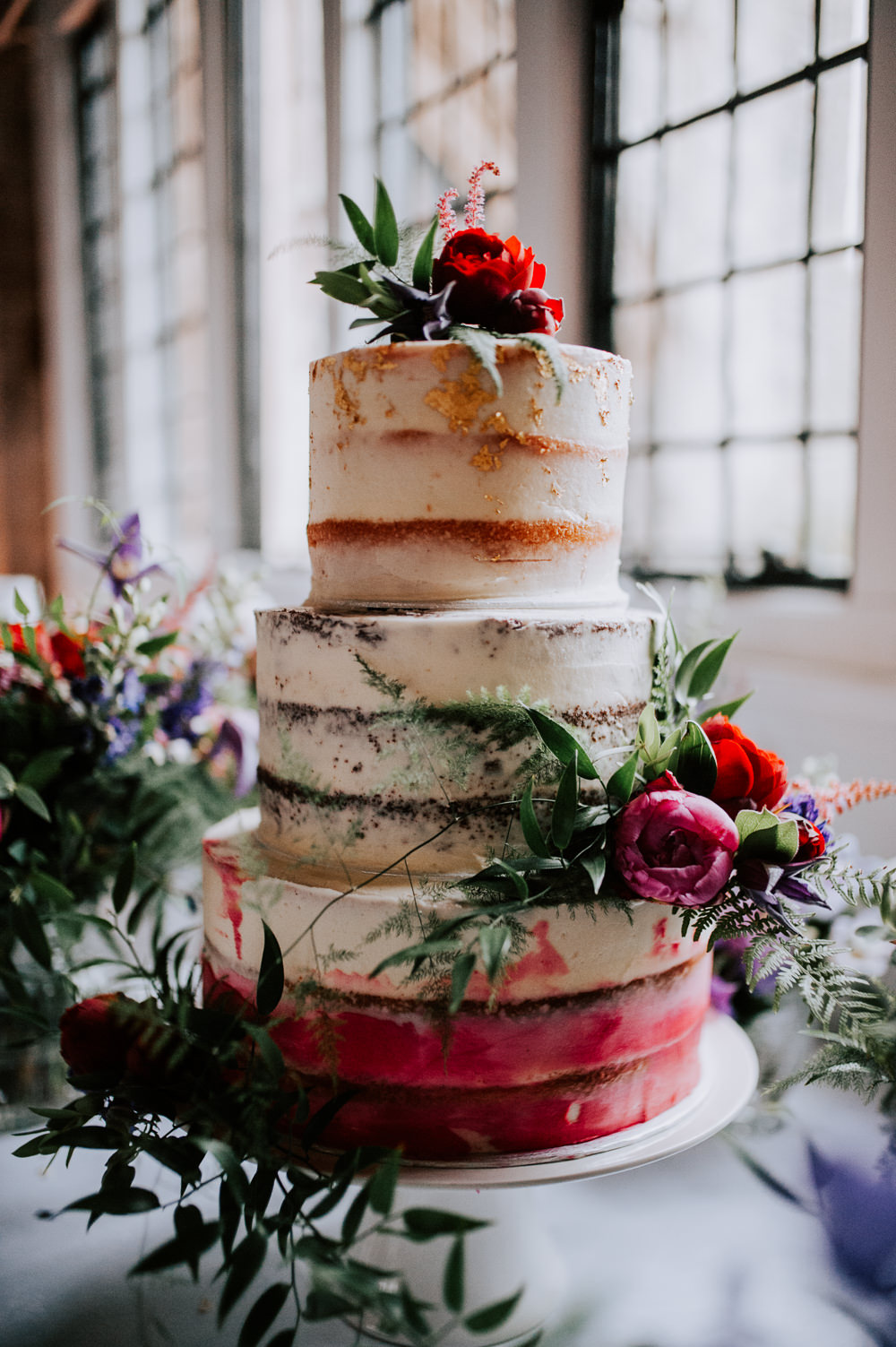 Semi Naked Cake Gold Leaf Flowers Floral Butley Priory Wedding Sally Rawlins Photography