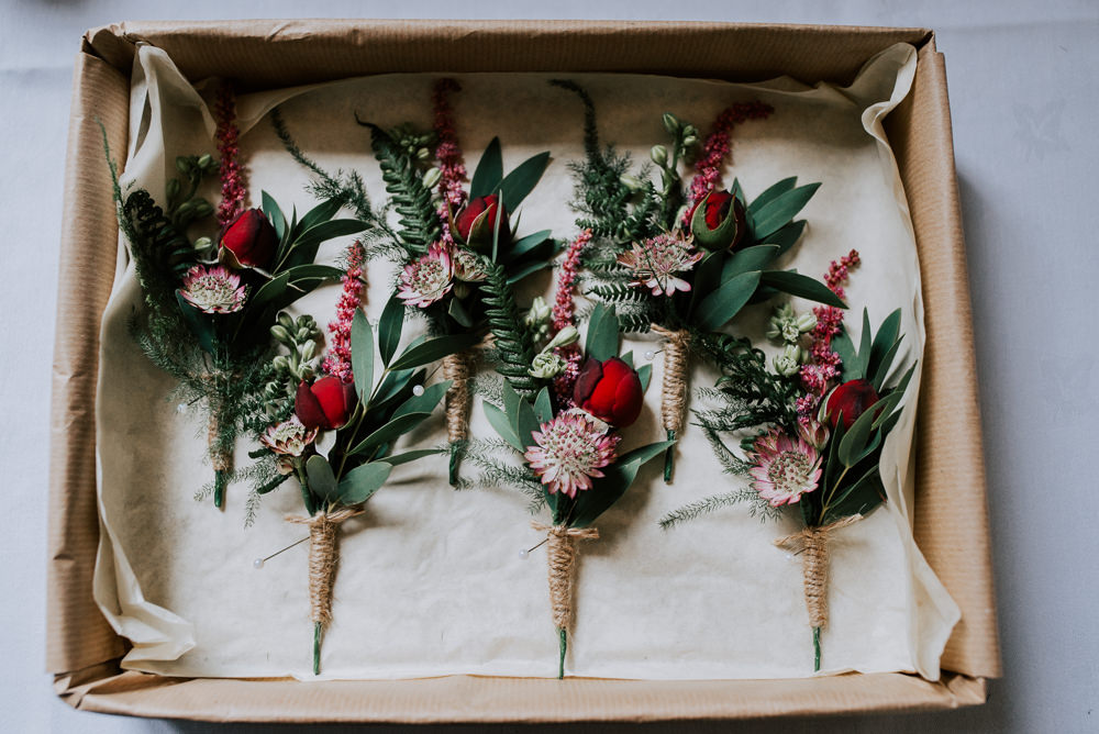 Buttonhole Flowers Red Butley Priory Wedding Sally Rawlins Photography