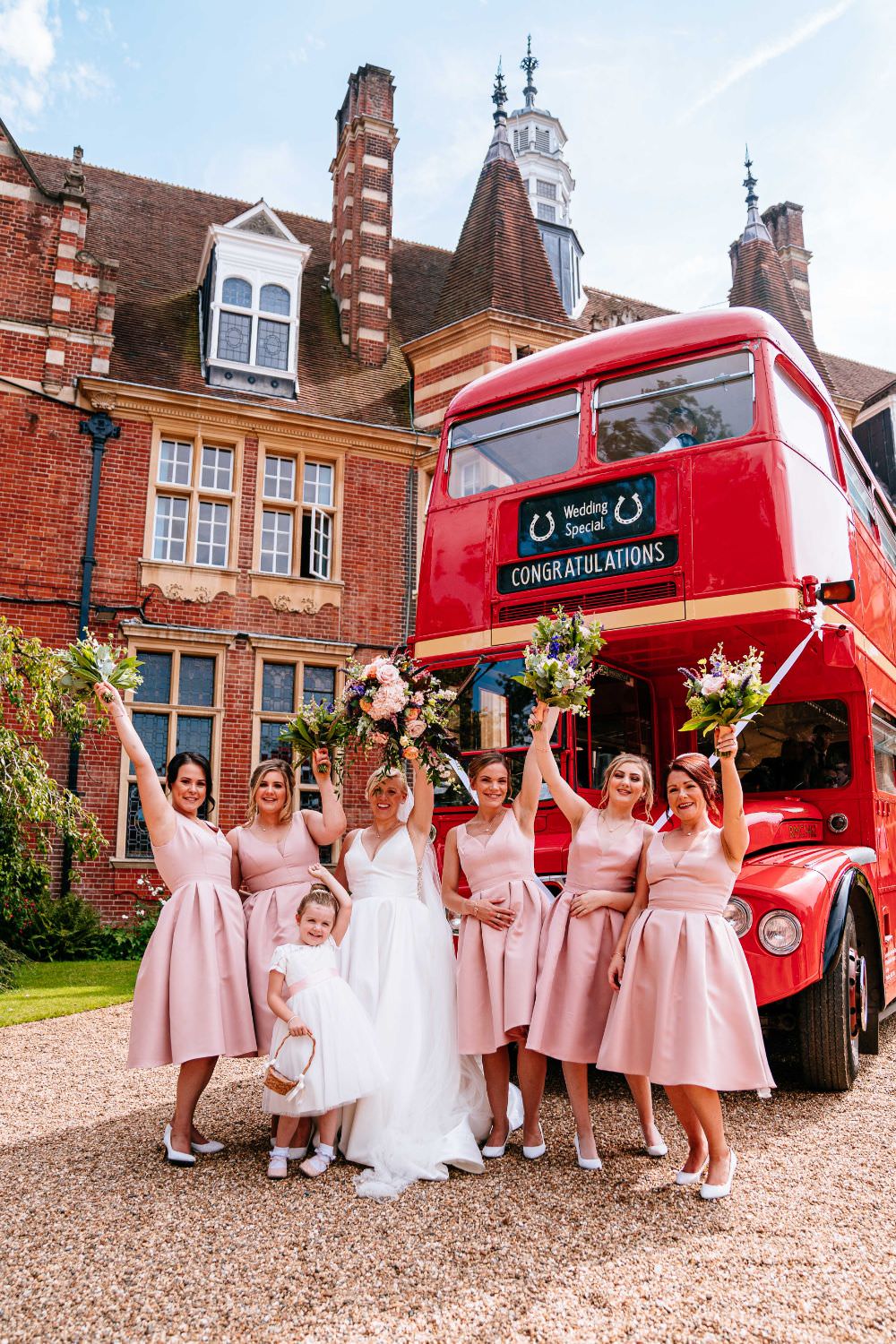 Bride Bridal V Neck Justin Alexander Dress Gown A Line Pink Bridesmaids Bouquets Red Vintage Routemaster Bus Carousel Wedding Sarah Legge Photography