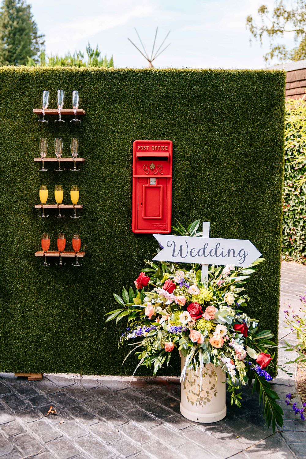 Champagne Wall Post Box Milk Churn Florals Direction Sign Carousel Wedding Sarah Legge Photography