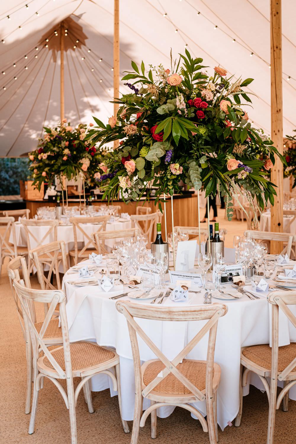 Pedestal Flower Arrangement Table Centres Sperry Tent Carousel Wedding Sarah Legge Photography