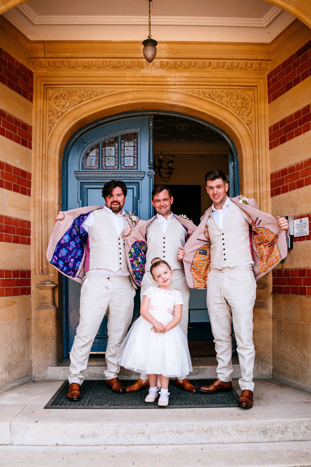 Pink Jacket Suit Groom Chinos Custom Lining Bespoke Flower Girl Carousel Wedding Sarah Legge Photography