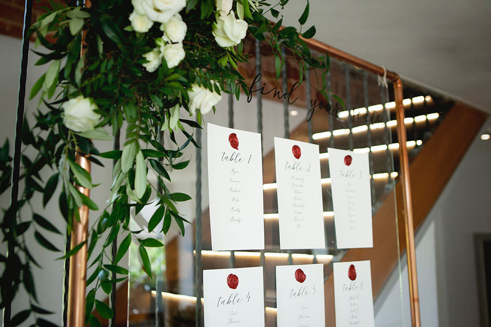 Table Plan Seating Chart Copper Frame Flowers Floral Greenery Wax Seal Countryside Barn Wedding Katrina Matthews Photography