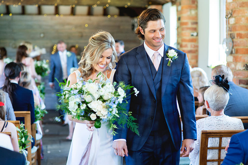 Bride bridal Fitted Fishtail Dress Gown Checked Suit Groom White Blue Bouquet Countryside Barn Wedding Katrina Matthews Photography
