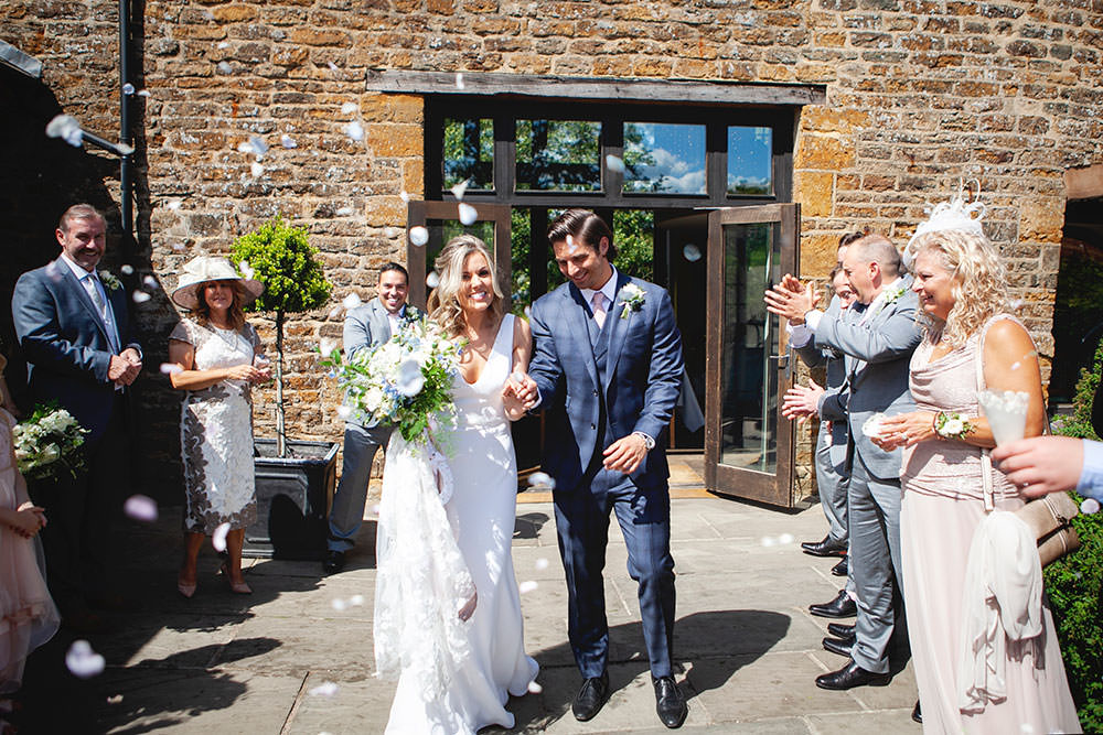 Bride bridal Fitted Fishtail Dress Gown Checked Suit Groom Blue White Bouquet Confetti Countryside Barn Wedding Katrina Matthews Photography