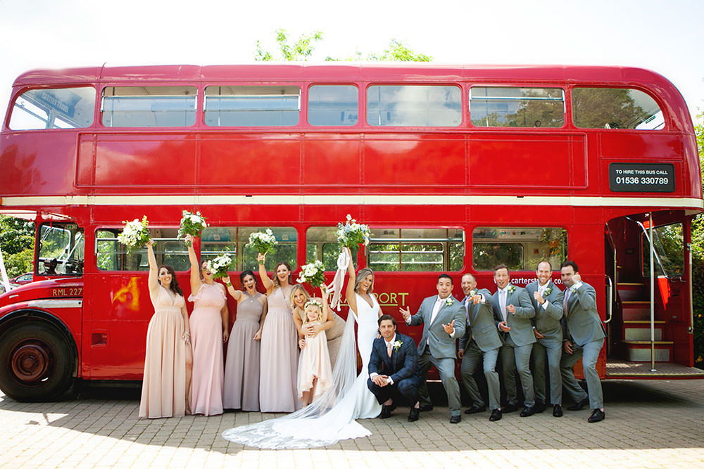 Bride bridal Fitted Fishtail Dress Gown Checked Suit Groom Blush Bridesmaids Groomsmen Vintage Bus Group Shot Countryside Barn Wedding Katrina Matthews Photography