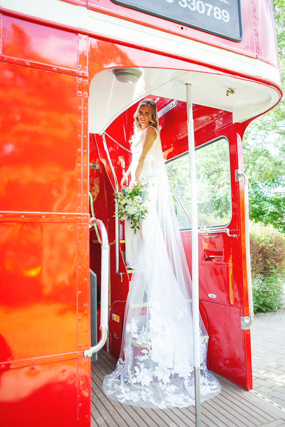 Bride bridal Fitted Fishtail Dress Gown Embroidered Floral Veil Vintage Bus Countryside Barn Wedding Katrina Matthews Photography