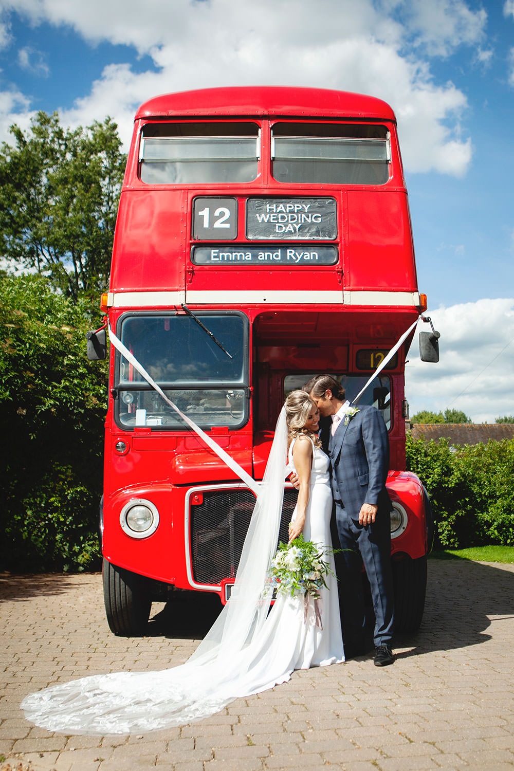 Bride bridal Fitted Fishtail Dress Gown Checked Suit Groom Vintage Bus Bouquet Countryside Barn Wedding Katrina Matthews Photography