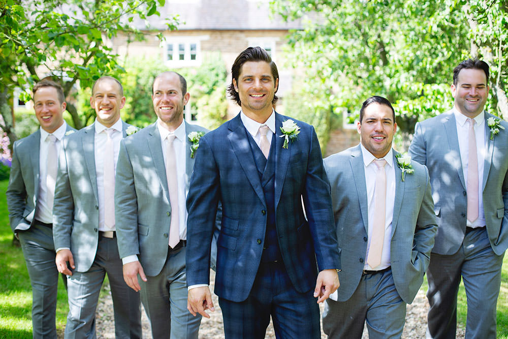 Checked Suit Navy Blue Groom Grey Groomsmen Countryside Barn Wedding Katrina Matthews Photography
