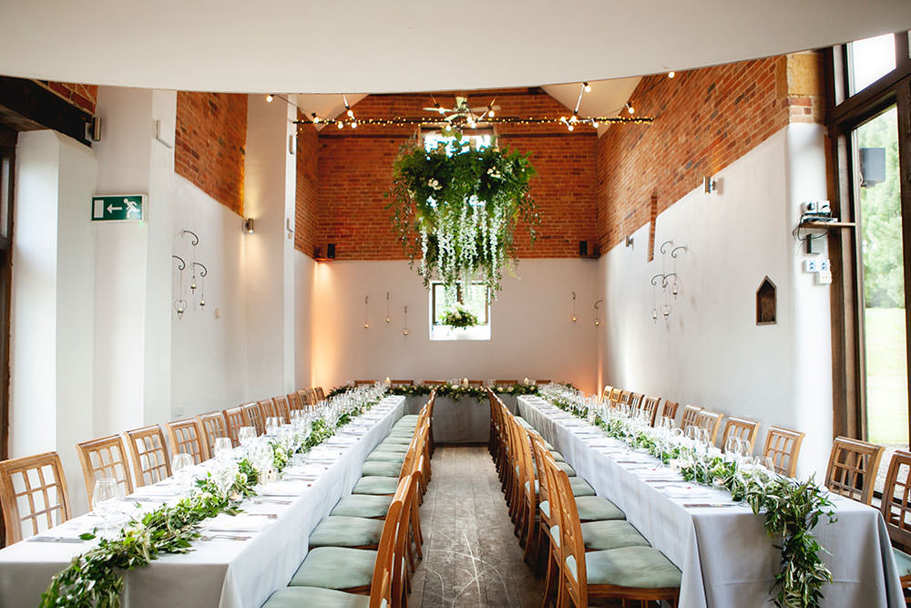 Greenery Foliage Chandelier Runners Dining Countryside Barn Wedding Katrina Matthews Photography
