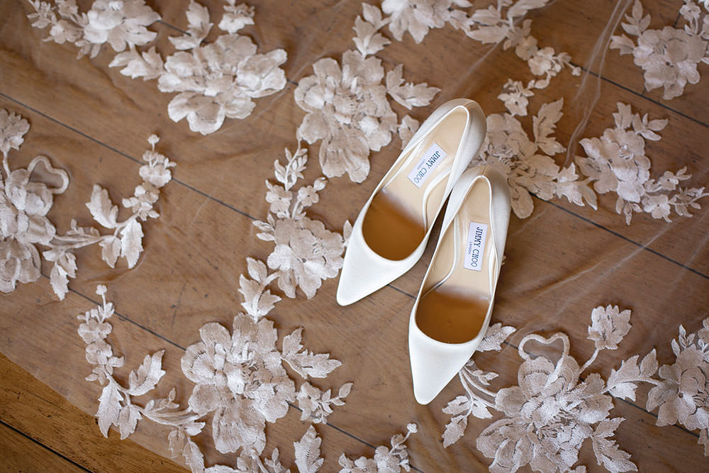 Bride Bridal Jimmy Choos Shoes Embroidered Flower Floral Veil Countryside Barn Wedding Katrina Matthews Photography