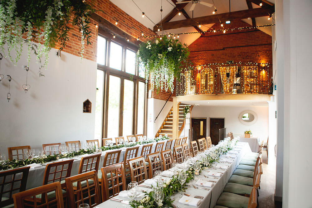 Greenery Foliage Chandeliers Love Light Letters Runner Countryside Barn Wedding Katrina Matthews Photography