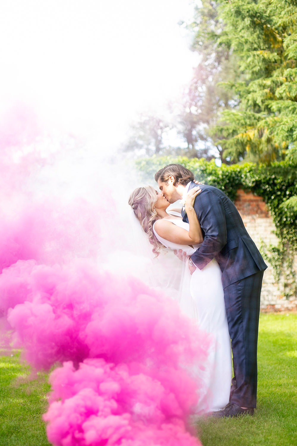 Smoke Bomb Bride bridal Fitted Fishtail Dress Gown Checked Suit Groom Countryside Barn Wedding Katrina Matthews Photography