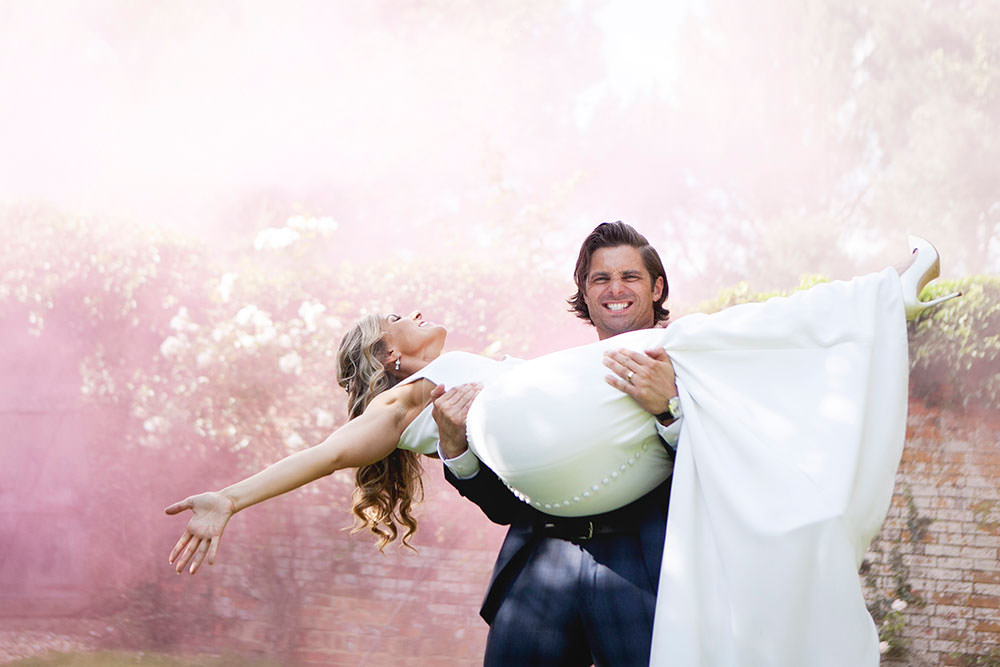 Bride bridal Fitted Fishtail Dress Gown Checked Suit Groom Smoke Bomb Countryside Barn Wedding Katrina Matthews Photography