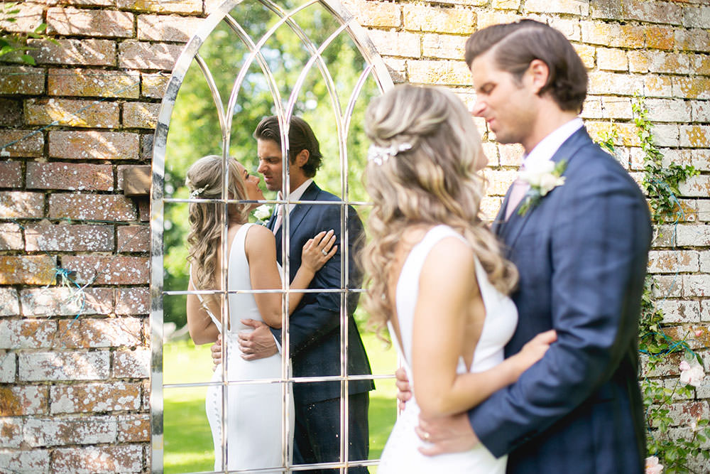Bride bridal Fitted Fishtail Dress Gown Checked Suit Groom Button V Back Countryside Barn Wedding Katrina Matthews Photography