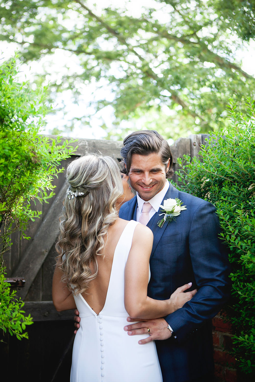 Bride bridal Fitted Fishtail Dress Gown Checked Suit Groom Button V Back Countryside Barn Wedding Katrina Matthews Photography