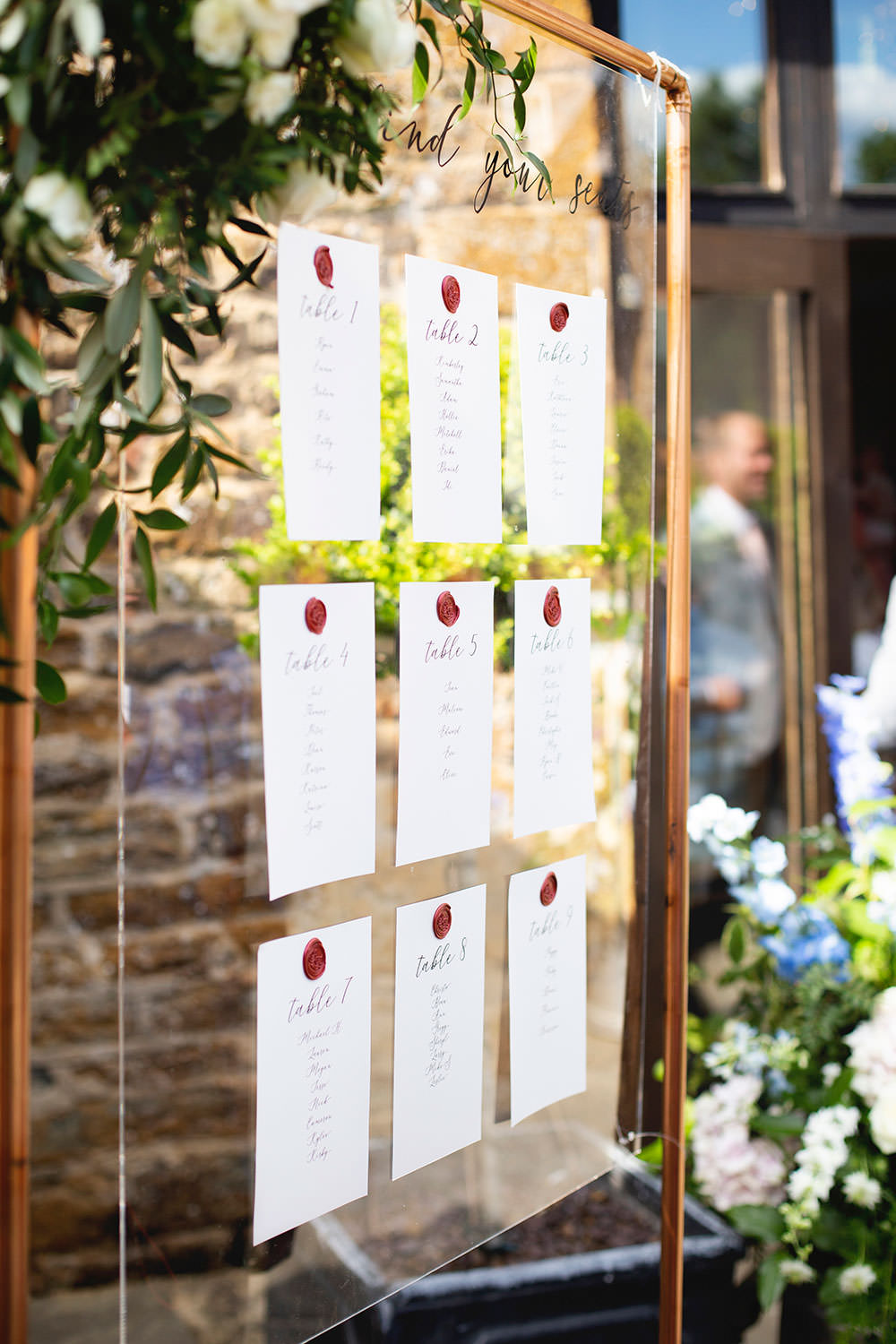 Table Plan Seating Chart Copper Frame Foliage Wax Seal Countryside Barn Wedding Katrina Matthews Photography