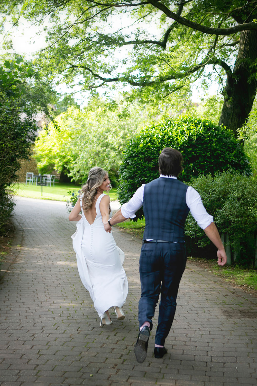 Bride bridal Fitted Fishtail Dress Gown Checked Suit Groom Waistcoat V Back Button Countryside Barn Wedding Katrina Matthews Photography