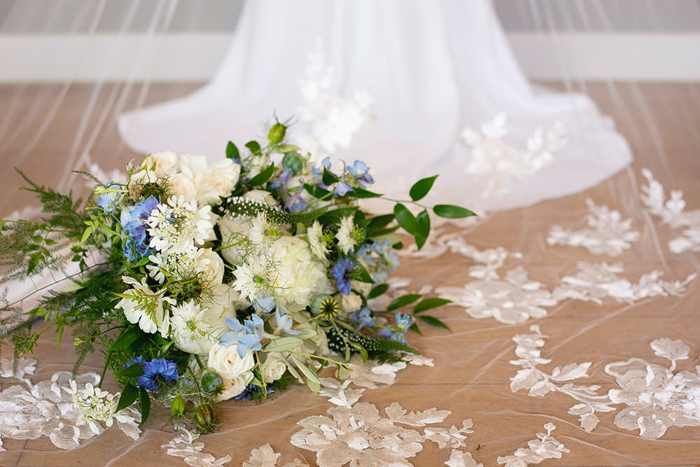 Bride Bridal Bouquet White Blue Greenery Floral Veil Countryside Barn Wedding Katrina Matthews Photography