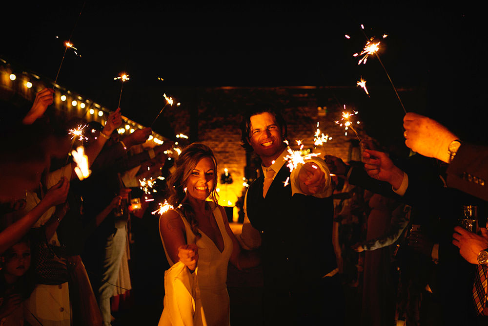 Bride bridal Fitted Fishtail Dress Gown Checked Suit Groom Sparkler Send Off Countryside Barn Wedding Katrina Matthews Photography