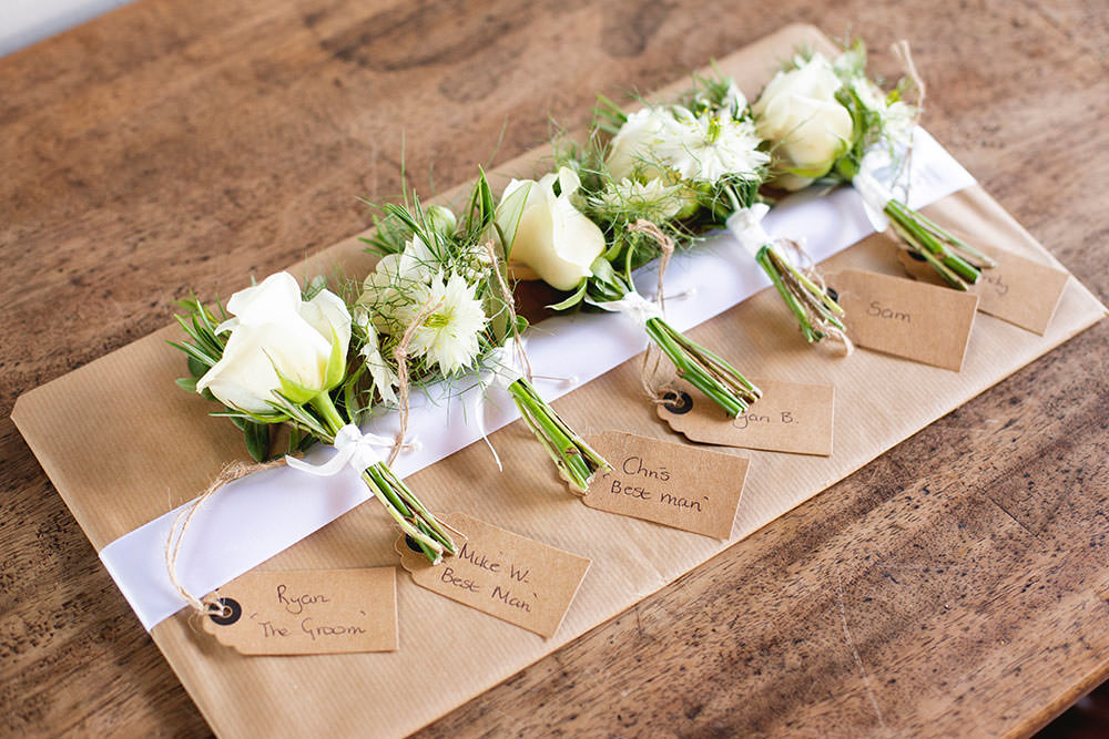 White Rose Buttonhole Groom Groomsmen Countryside Barn Wedding Katrina Matthews Photography