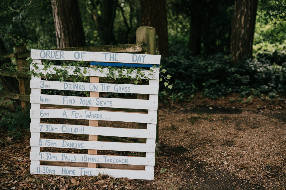 Painted Wooden Pallet Sign Order of the Day Coverwood Lakes Wedding Diana V Photography