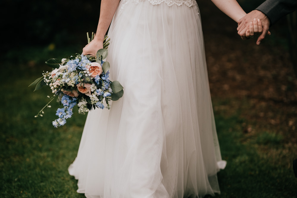 Bouquet Flowers Bride Bridal Blue Peach Coral Rose Dress Gown Bride Bridal Wed2B Lace Bolero Tulle Coverwood Lakes Wedding Diana V Photography