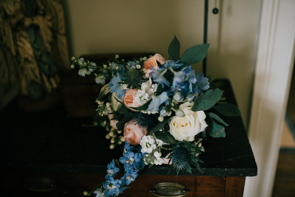 Bouquet Flowers Bride Bridal Blue Peach Coral Rose Coverwood Lakes Wedding Diana V Photography