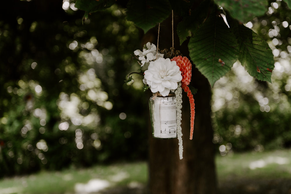 Hanging Suspended Flowers Tree Jar Can Ethical Wedding Ideas Sadie Osborne Photography
