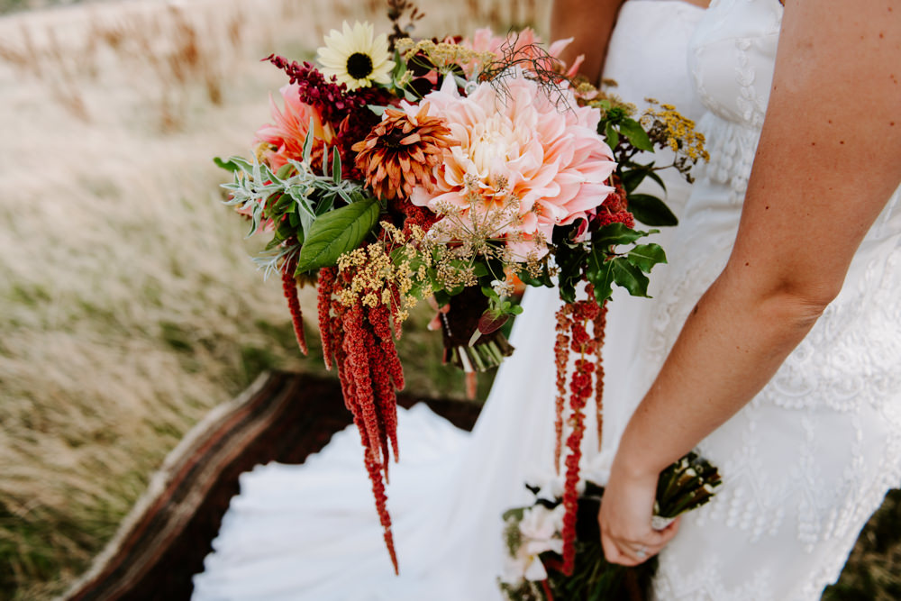 Bouquet Flowers Bride Bridal Autumn Fall Coral Daliah Amaranthus Ethical Wedding Ideas Sadie Osborne Photography