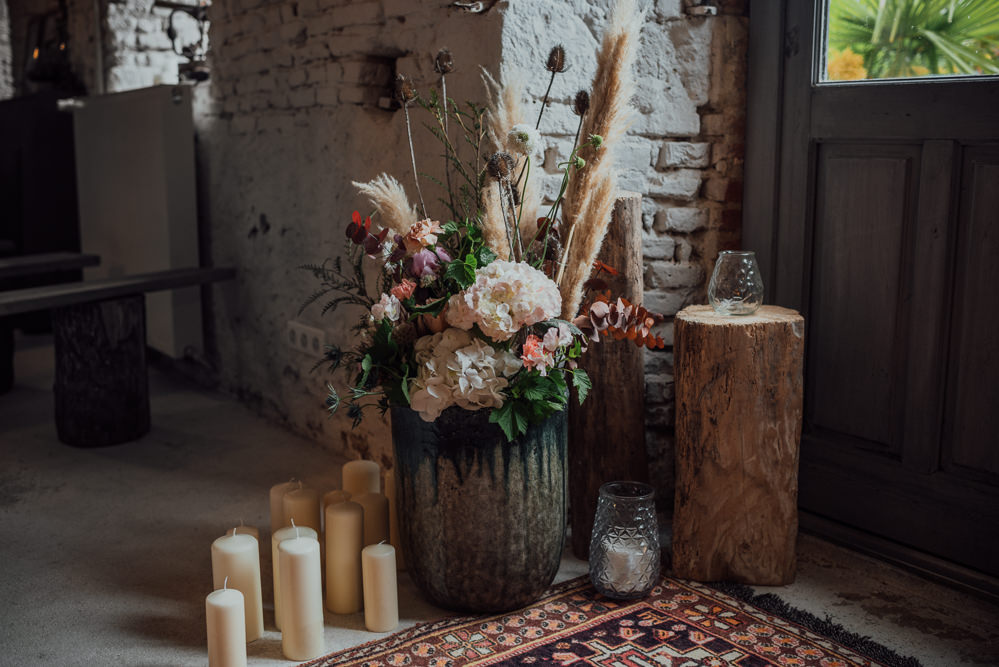Pampas Grass Flowers Candles Log Slice Decor Decoration France Destination Wedding The Shannons Photography