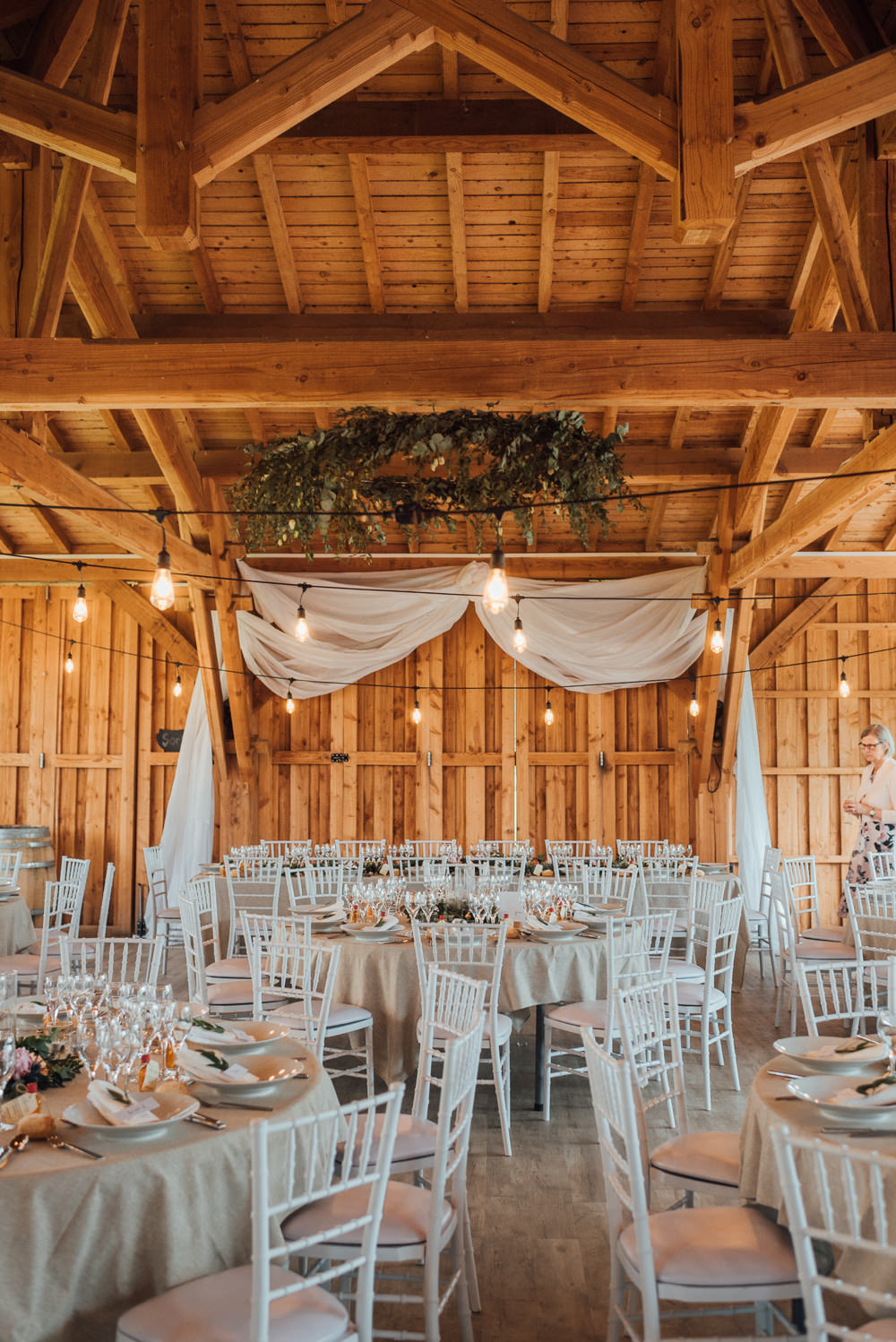 Barn Festoon Lights Drapes Decor Decoration France Destination Wedding The Shannons Photography