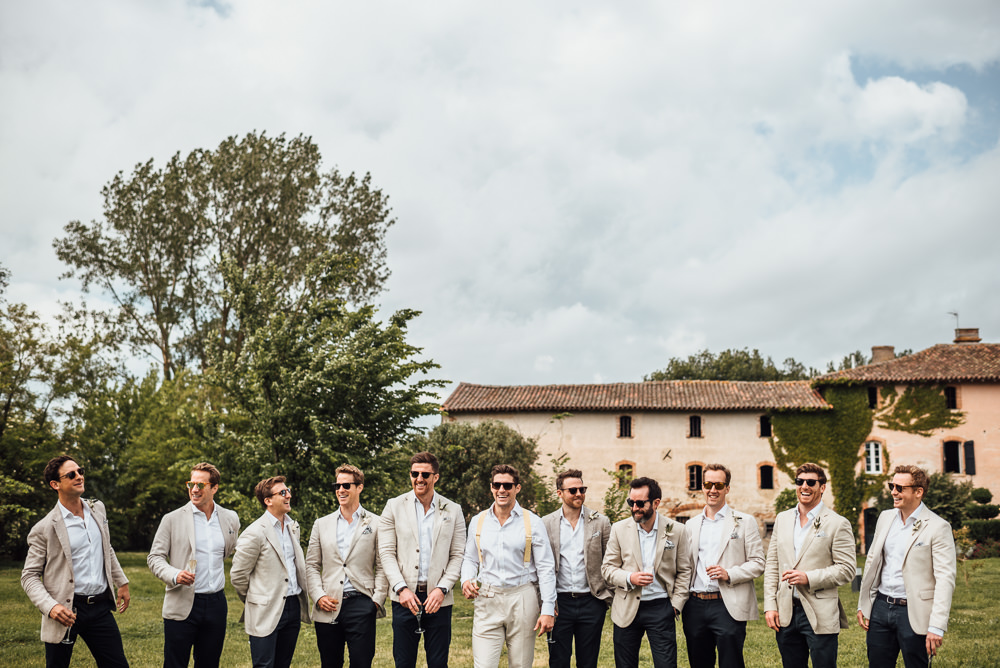 Groom Groomsmen Suit Cream Linen Blazer Chinos France Destination Wedding The Shannons Photography