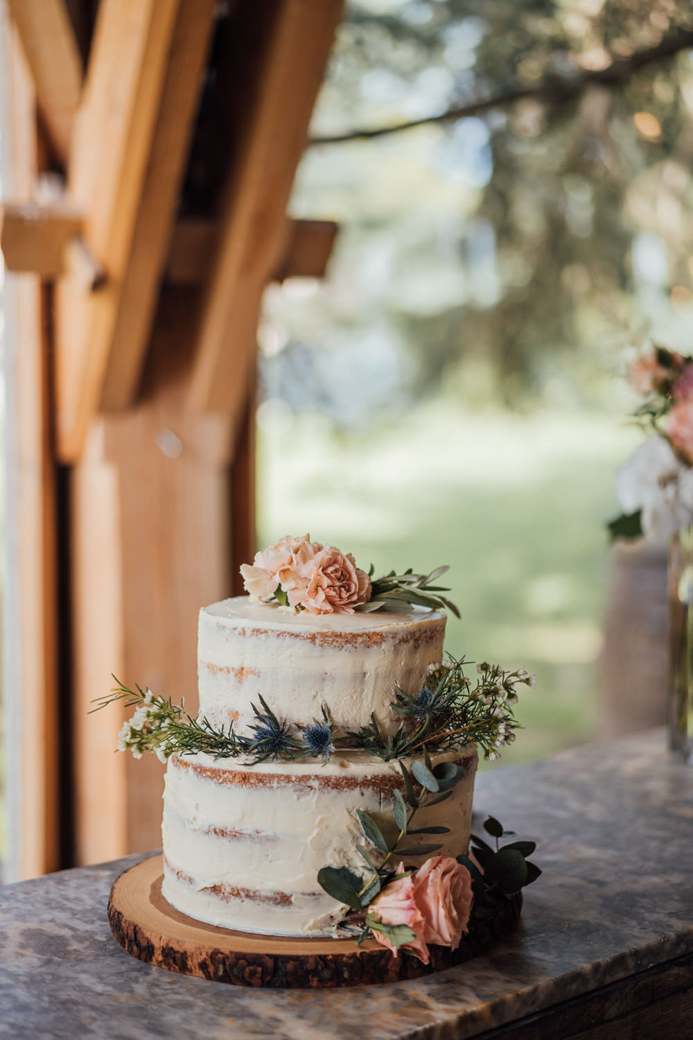 Semi Naked Cake Flowers Log Slice France Destination Wedding The Shannons Photography
